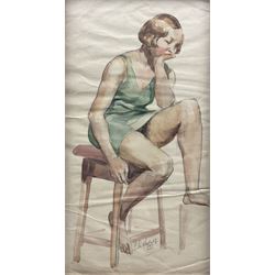 John Napper (British 1916-2001): Girl on a Stool, watercolour signed and indistinctly dated '33, 39cm x 20cm