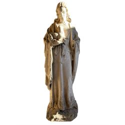 19th century weathered carved sandstone figure of Jesus Christ depicted as the Good Shepherd, draped in robes and holding a lamb, on a naturalistic base