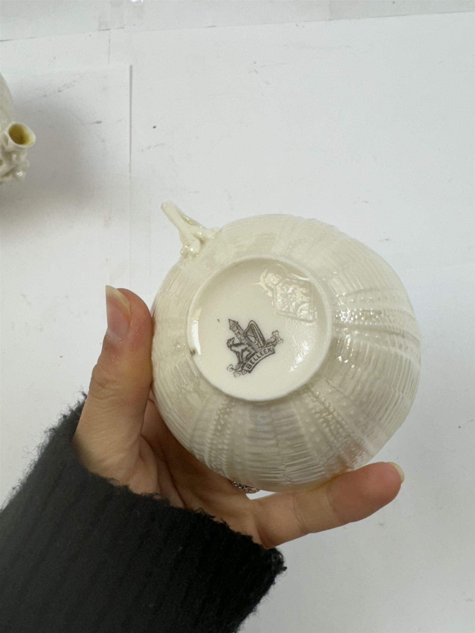 Belleek Sea Urchin teapot and sugar basin, together with Belleek Nautilus jug, small dish, teacup and saucer