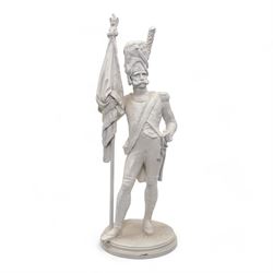 Large painted cast metal model of a Napoleonic Old Guard Grenadier standard bearer, H64cm 