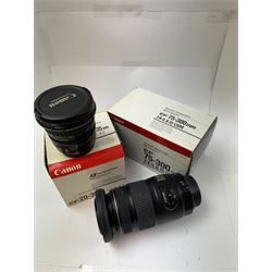 Two Canon Ultrasonic EF camera lenses, comprising 20-35mm 1:3.5-4.5 zoom lens serial no. 7800971F and 75-300mm 1:4-5.6 Image Stabiliser lens serial no. 6200116H, both boxed 