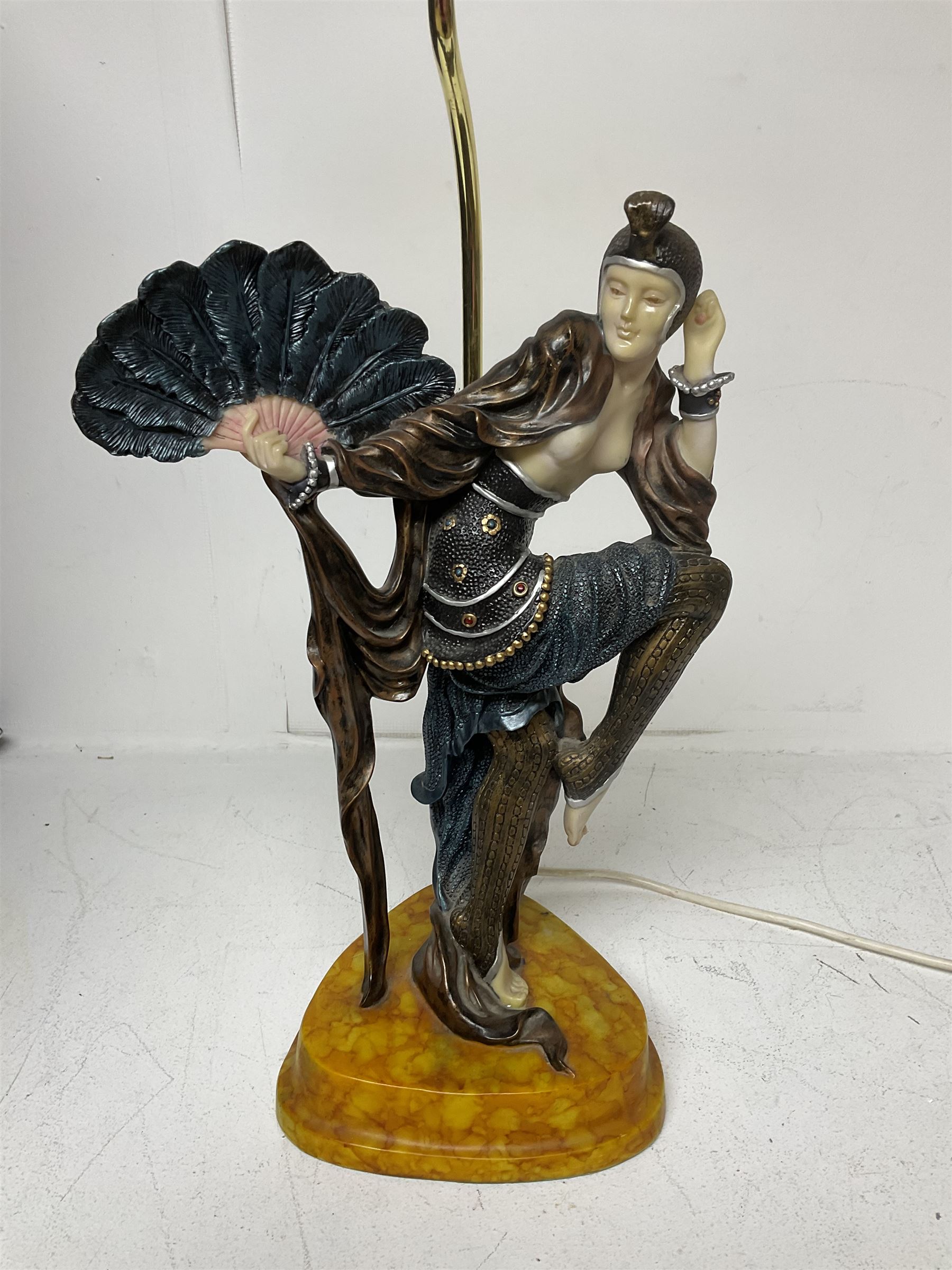 Art Deco style figural table lamp, modelled as a dancer upon an orange marbled base, H63.5cm