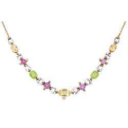 Early 20th century 15ct gold gold orange / yellow / peach topaz, pink tourmaline, pink sapphire peridot and diamond necklace, the pinks stones each set with four rose cut diamonds and spaced by scroll links with white enamel and black dots, to a trace link chain necklace, in fitted silk and velvet lined box by Skinner & Co