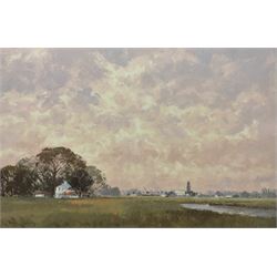 Roy Perry (British 1935-1993): 'Towards Boston Stump, Lincs', oil on card signed, titled verso 25cm x 38cm (unframed)