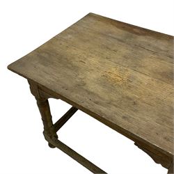 18th century oak joined table, rectangular pegged plank top on turned supports united by plain stretchers