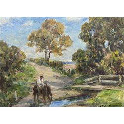 Owen Bowen (Staithes Group 1873-1967): Horse and Rider Watering by a Bridge, oil on board signed 29cm x 39cm