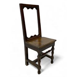 Small late 17th century oak side chair, open frame back with shaped upper and lower brackets, moulded plank seat, on turned supports united by moulded H-shaped stretchers