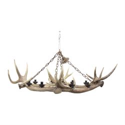 Deer antler chandelier, of square shaped form, with eight fitted lights, W70cm, H61cm