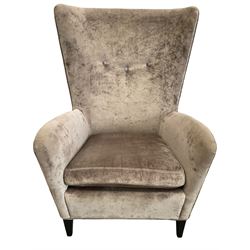 2 x Wing back armchair upholstered in silver crushed velvet fabric