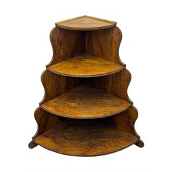 Late Victorian figured walnut corner whatnot, shaped shelves with brass beaded edges, rais...