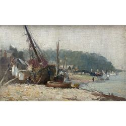 James William Booth (Staithes Group 1867-1953): Boats on the Riverside, oil on canvas laid...