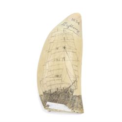 19th century scrimshaw sperm whale tooth, inscribed 1854 Lightening to one side and Red Ja...