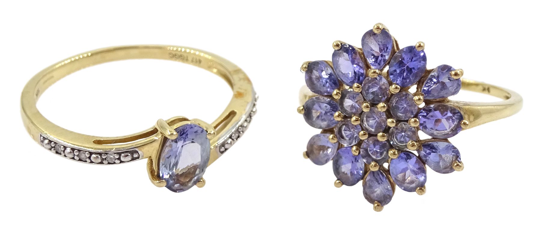 Gold tanzanite ring, with diamond set shoulders and a gold tanzanite cluster ring, both hallmarked 9ct