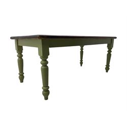 Hardwood dining table, rectangular top on laurel green painted base, fitted with turned supports 