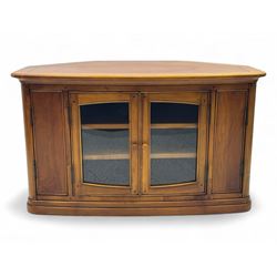 Contemporary cherry wood corner TV unit, canted top over central glazed double doors openi...