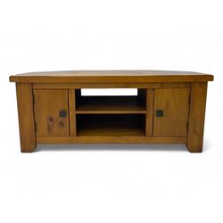 Contemporary mango wood television stand, wide planked surface and angled back corners, ce...