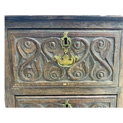 Victorian carved oak kneehole desk, the rectangular top with carved edge, above central drawer with carved front and brass handles, central kneehole with cupboard door, flanked by two banks of three graduating drawers each with similarly carved decoration, on shaped plinth base with castors