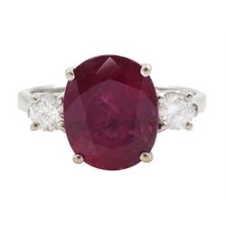 18ct white gold three stone oval cut ruby and round brilliant cut diamond ring, hallmarked, ruby approx 4.30 carat