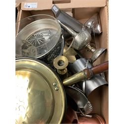 Collection of metalware including trays, copper jugs, candlestick etc, in three boxes 