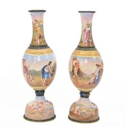 Pair of late 19th century Austrian silver and enamel vases by Hermann Böhm, of baluster fo...