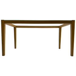 Contemporary beech framed dining table, rectangular frosted glass top on beech frame, square tapering supports