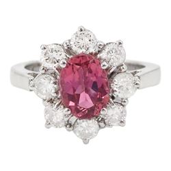 18ct white gold oval pink tourmaline and round brilliant cut diamond cluster ring, hallmarked, tourmaline approx 2.50 carat, total diamond weight approx 0.40 carat