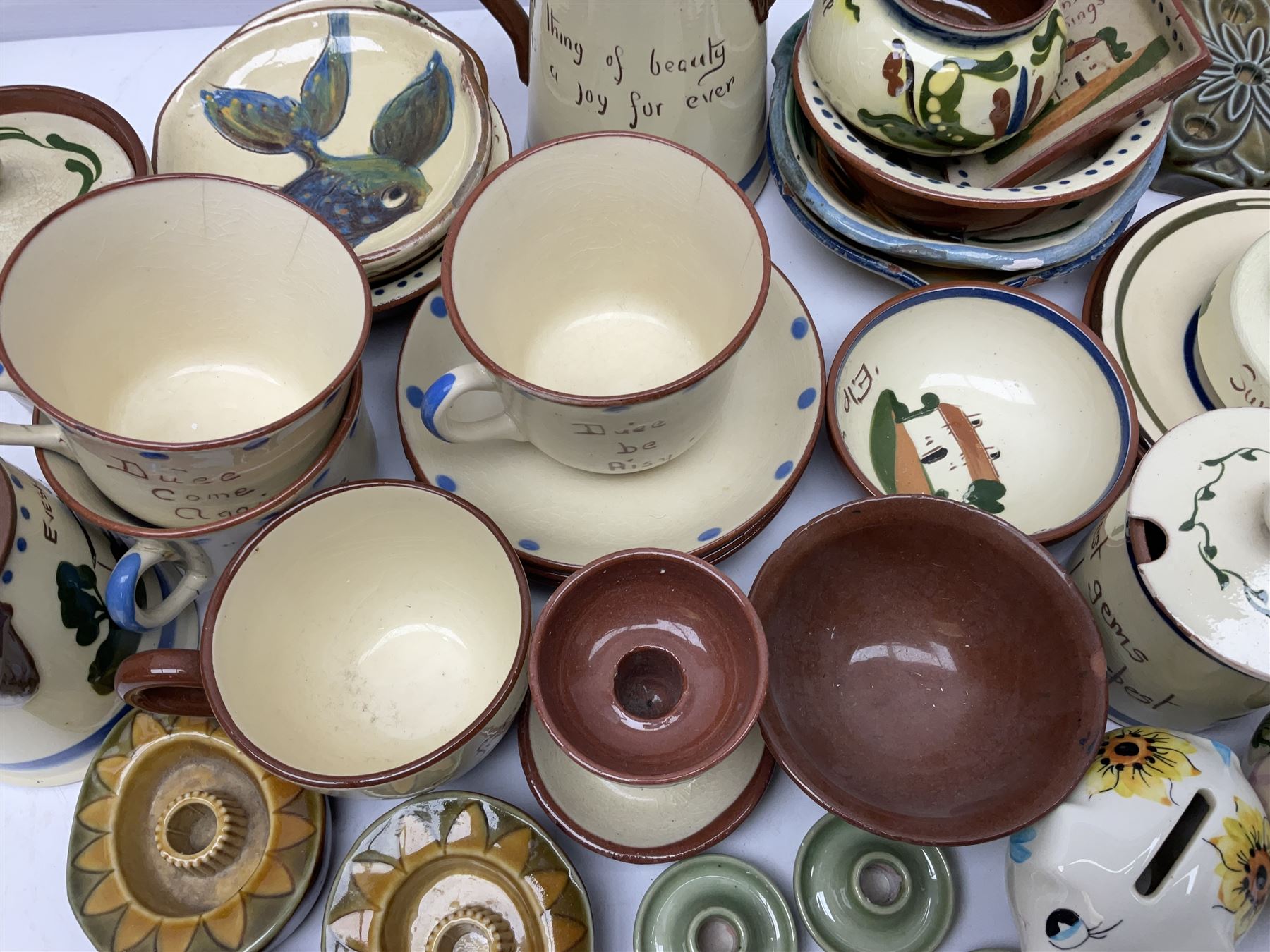 Collection of Motto ware, including cups and saucers, coffee pot, milk jug etc together with studio pottery dishes 