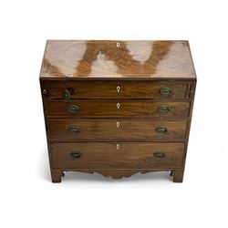 George III mahogany bureau, hinged fall front enclosing satinwood interior fitted with cup...