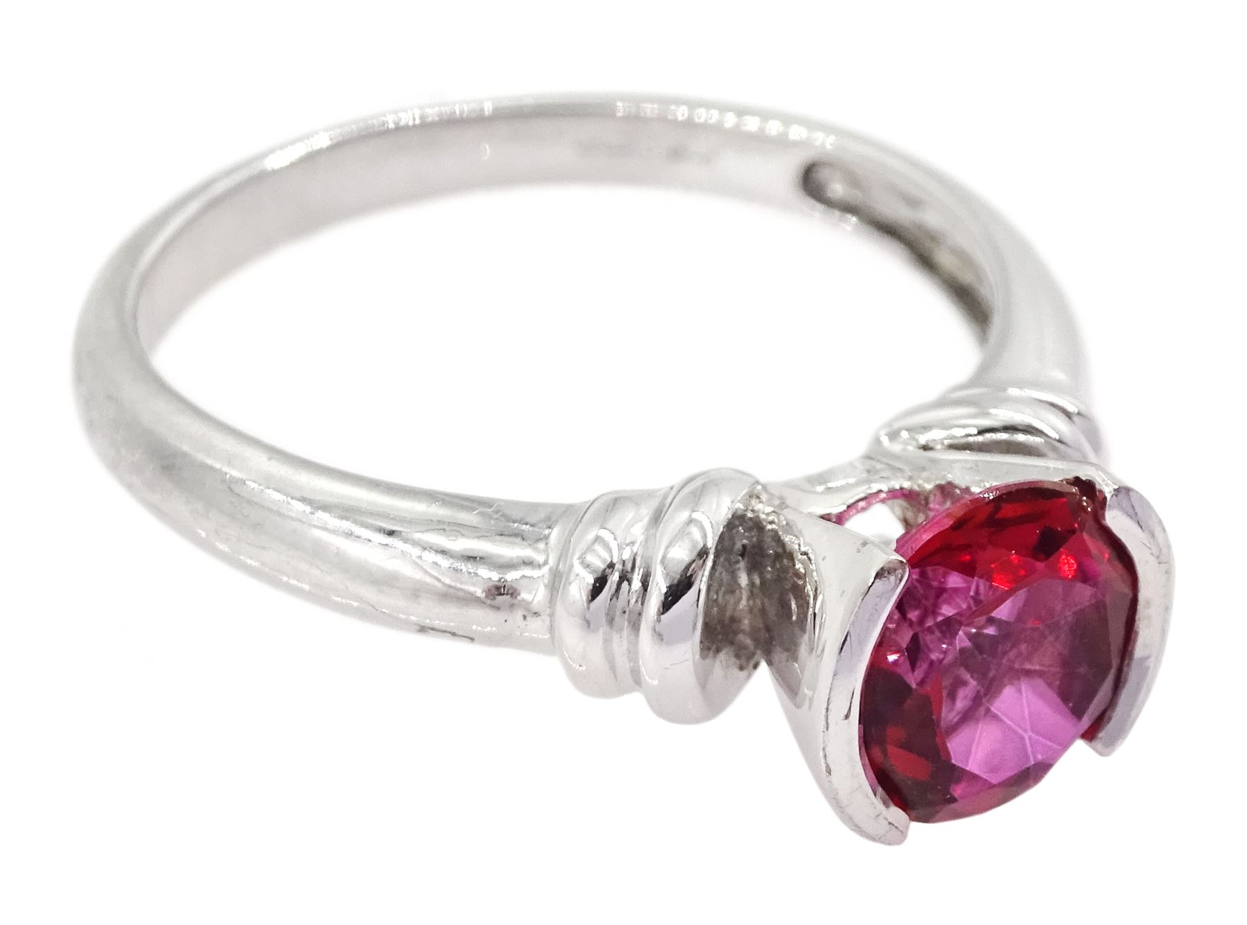 9ct white gold single stone round red topaz ring, hallmarked