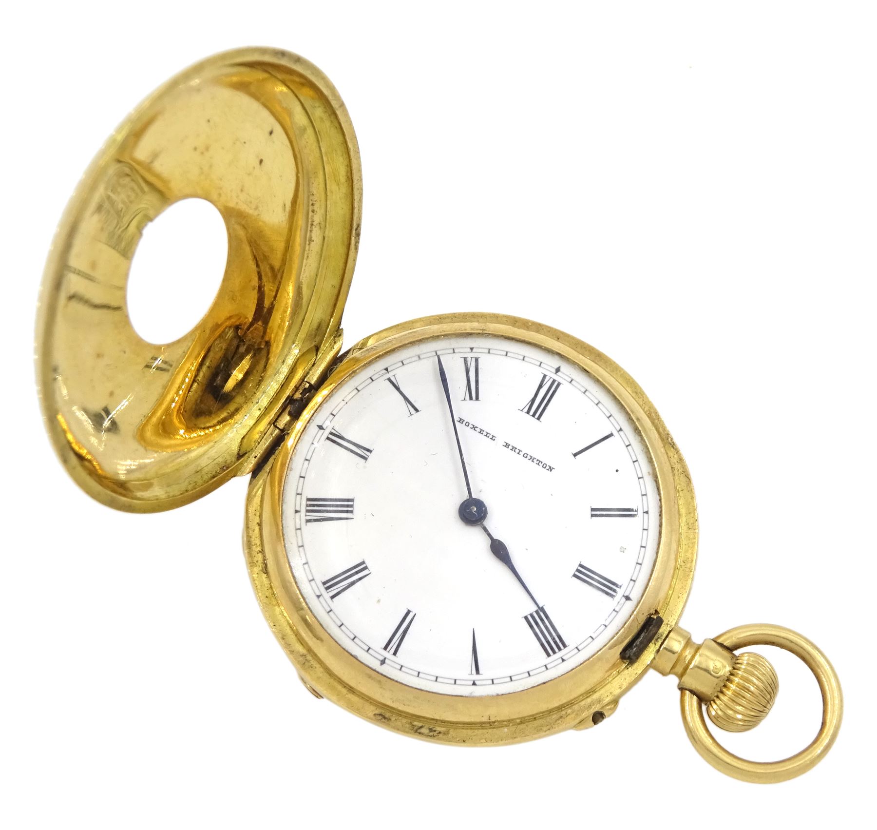 Early 20th century 18ct gold and pink enamel half keyless lever fob watch by Boxell, Brighton, white enamel dial with Roman numerals, back case monogrammed, stamped  K18 with Helvetia hallmark