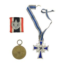 German Cross Of Honour Of The German Mother silver with ribbon, together with War Merit Me...