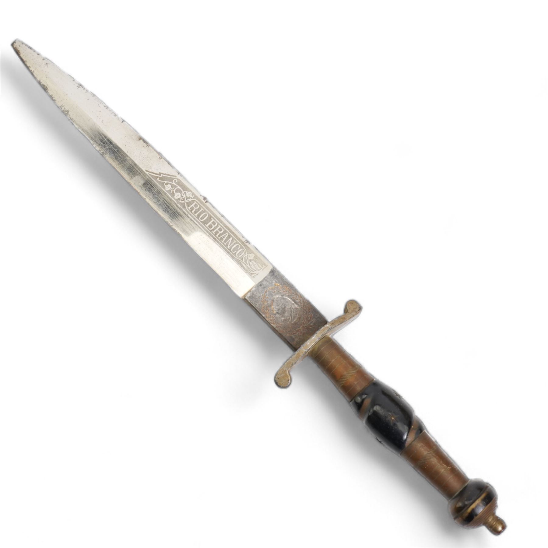 North African arm dagger with leather scabbard, blade length 19cm and a South American hunting knife, the ricasso marked 'Rio Branco', blade length 18cm (2) 