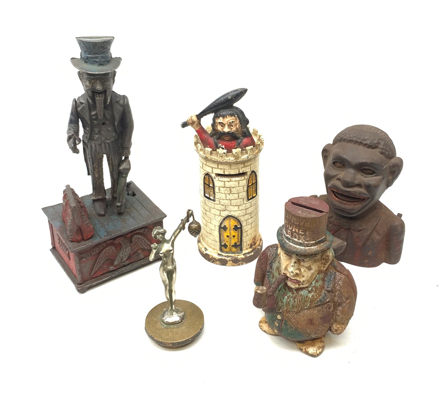 Four cast iron novelty money boxes, largest H28cm, together with a car mascot modelled as a female figure, H13cm, 