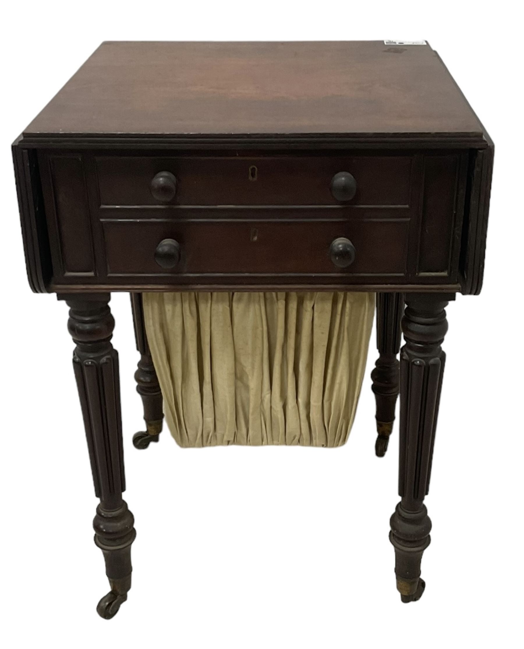 19th century mahogany drop-leaf work table, rectangular top with rounded corners, fitted with two cock-beaded drawers over pleated silk storage well, with matching opposing faux drawers, on turned and lobe moulded supports on castors