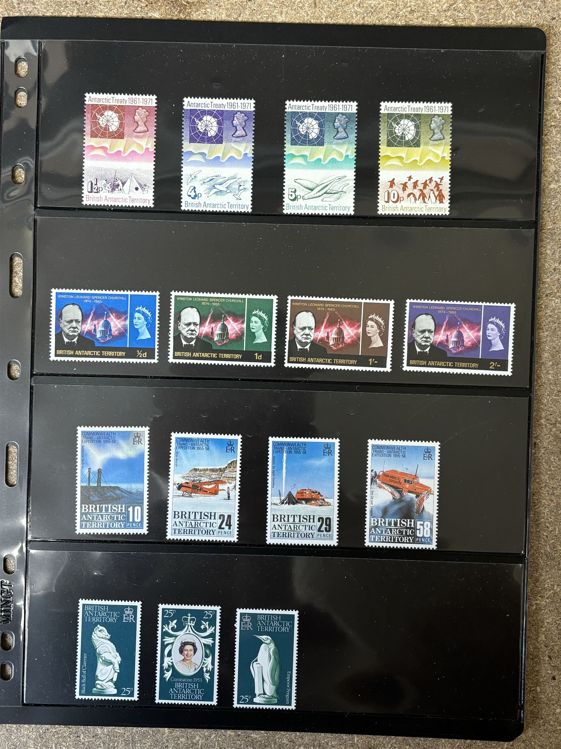 Queen Elizabeth II British Antarctic Territory mint stamps, including 1963-1969 SG 1 to 15a from half penny to both one pound values, 1993 SG 218-229 etc and a small number of Australian Antarctic Territory stamps, housed on stock pages