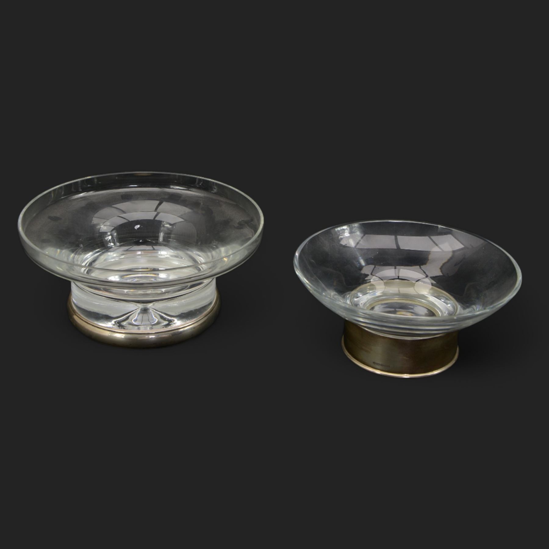 Links of London glass and silver mounted pedestal bowl, London 2006, D20.5cm and a similar presentation glass bowl with silver mount, inscribed 'At The Races', maker W I Broadway & Co, D23cm (2)