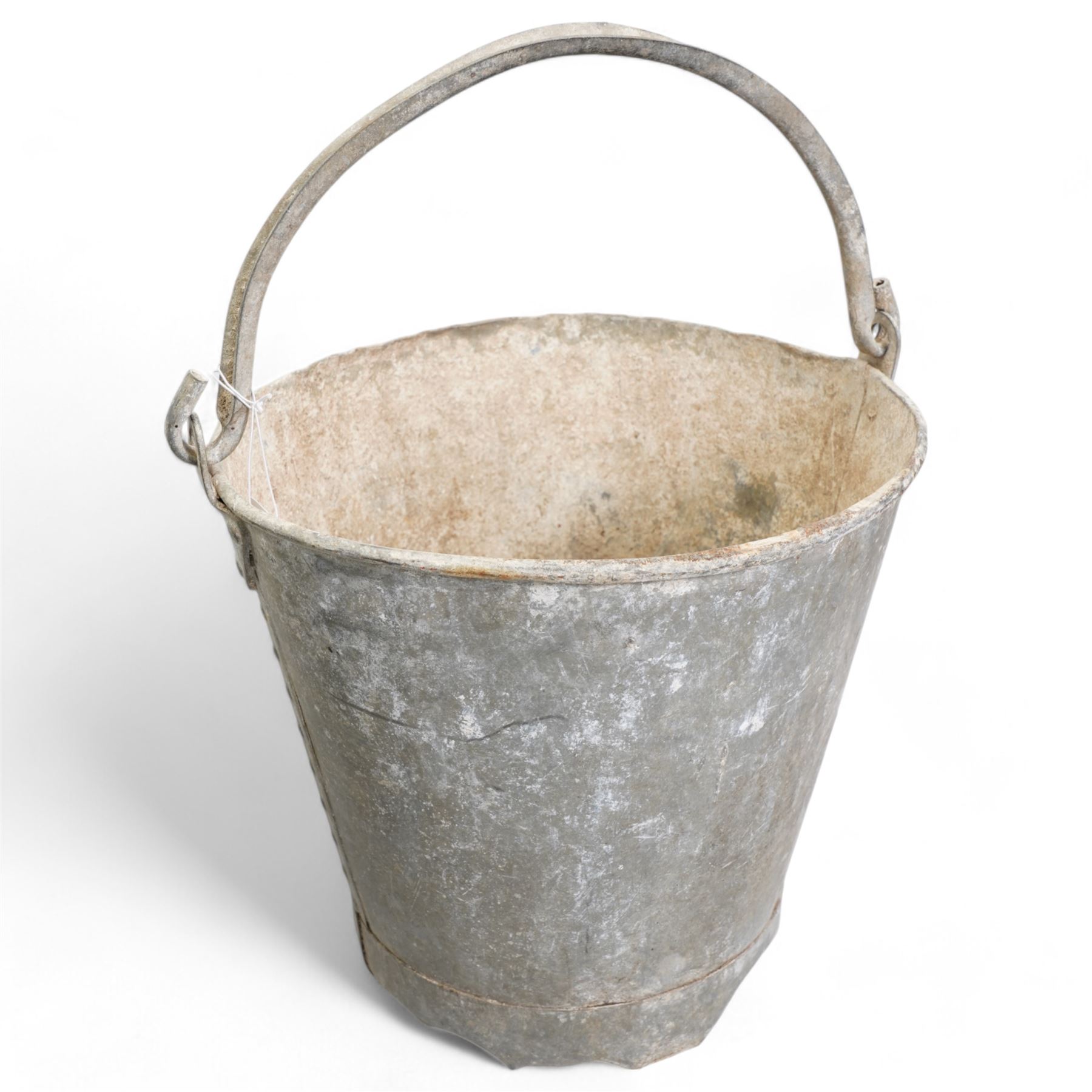 Two galvanised tin buckets, of conical riveted form with swing handles, H30cm