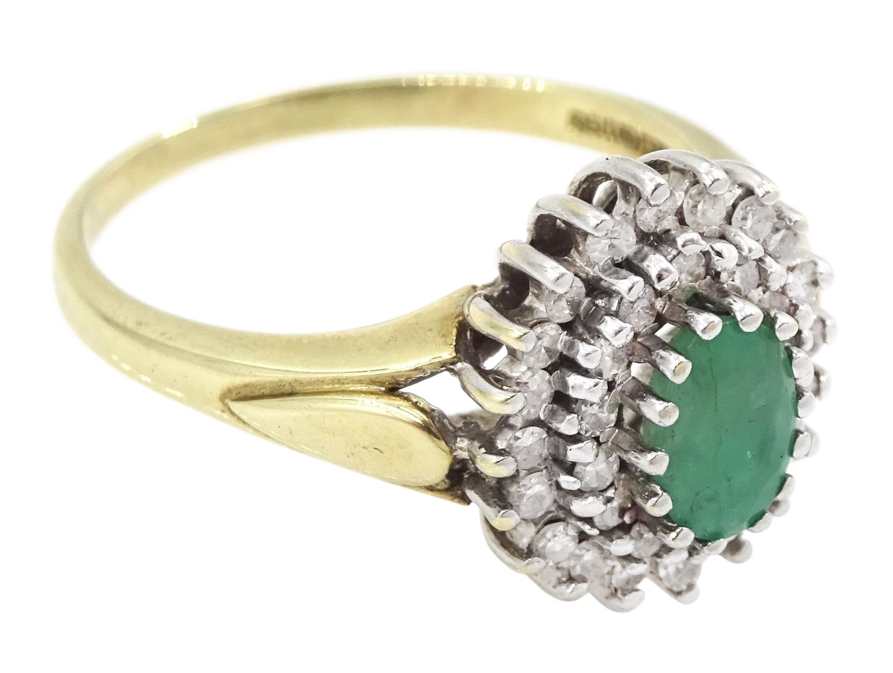 9ct gold oval cut emerald and two row, round brilliant cut diamond cluster ring, hallmarked