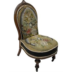 Early 20th century mahogany side chair, detailed marquetry frame, backrest with central urn motif and scrollwork inlay, arched crest rail with floral designs, cream and gold patterned fabric seat, turned front legs with brass castors (H78cm); Victorian walnut nursing chair, carved crest rail, floral needlepoint tapestry upholstery, turned front legs with ceramic castors (H81cm)