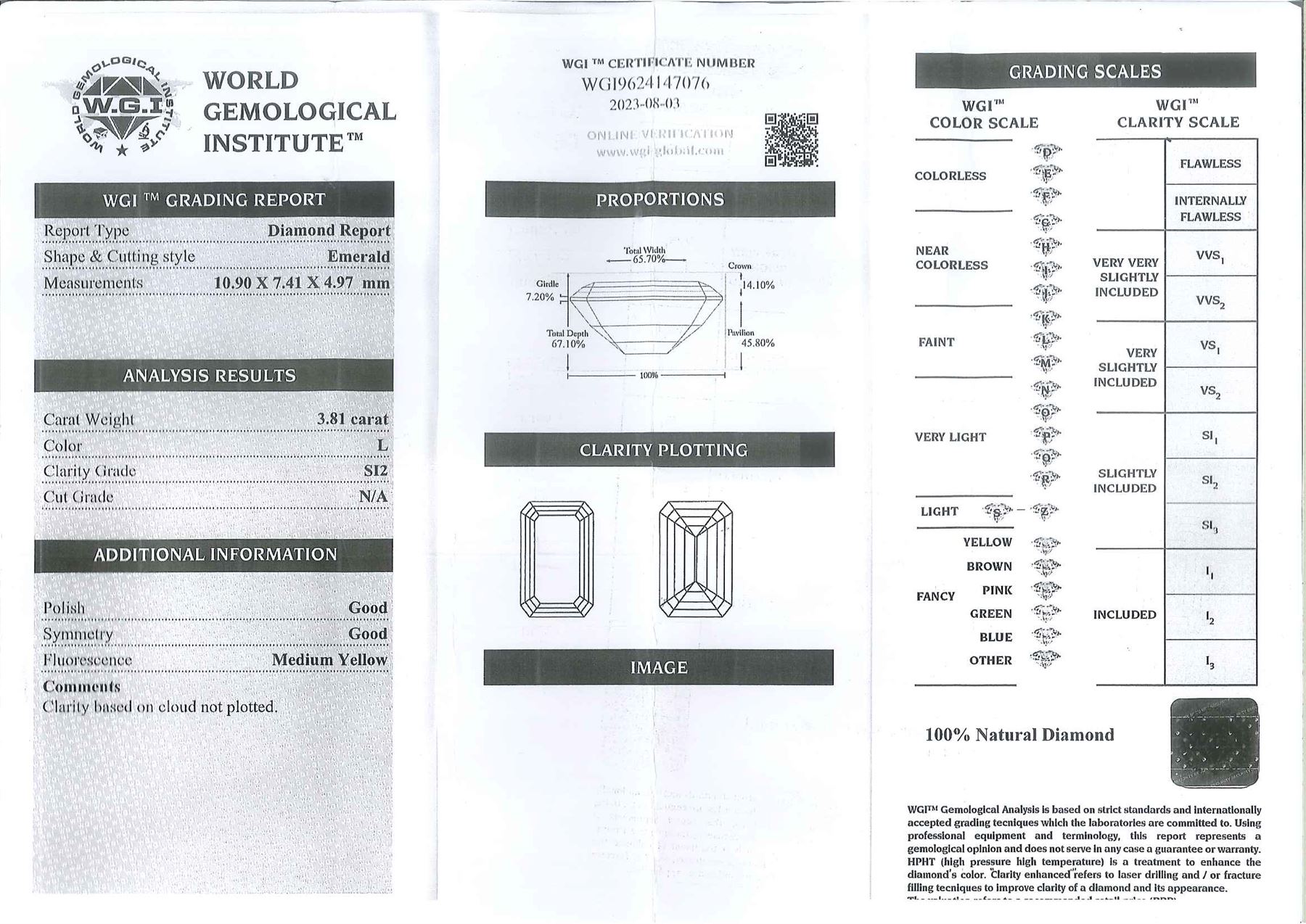 Loose emerald cut diamond stone, diamond 3.81 carat, colour L, clarity SI2, with World Gemological Institute report