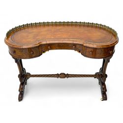 Victorian walnut kidney-shaped writing desk, moulded top with floral cast brass gallery an...