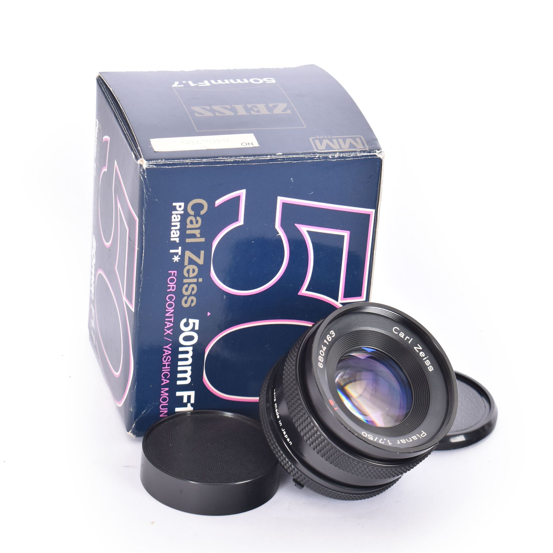 Carl Zeiss Planar 1.7/50 50mm T* lens, serial no. 6804163, for Contax/Yashica mount, boxed with warranty, instructions and two lens caps