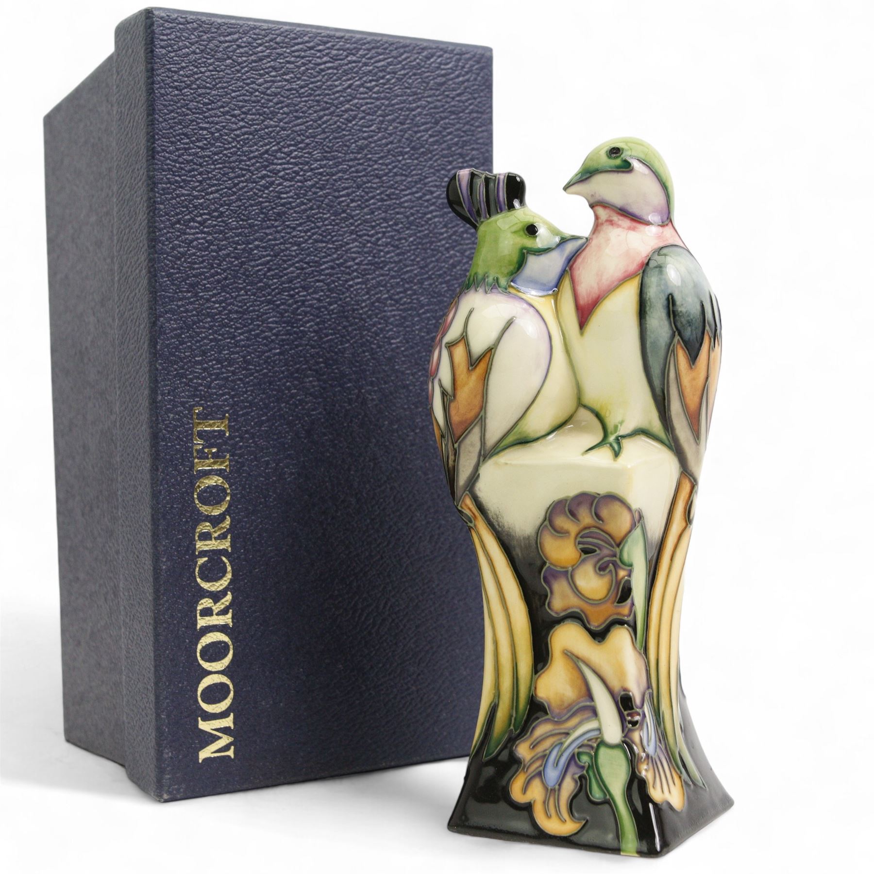 Moorcroft Fleur de Luce Bird group by Emma Bossons, dated 2007, H19cm, boxed 