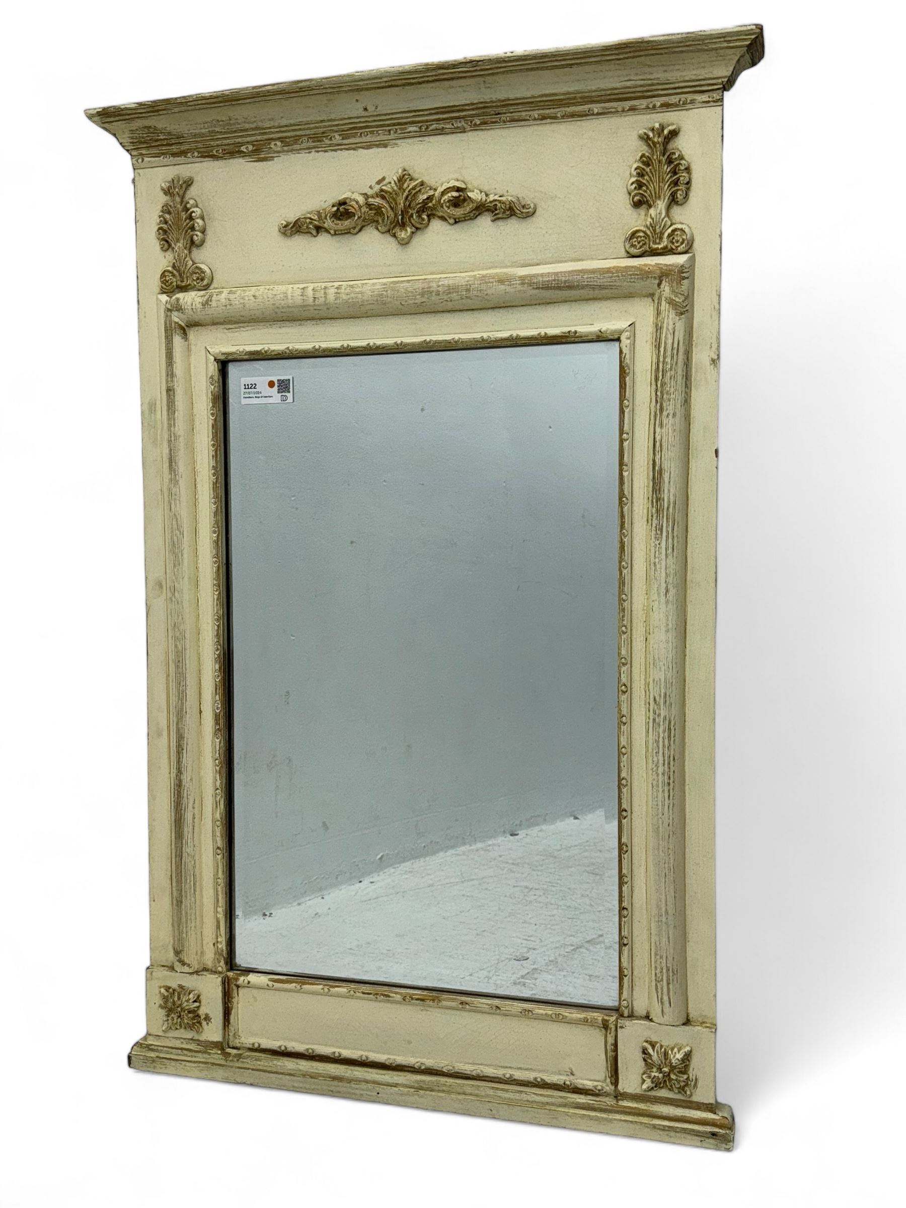 French style white painted pier glass mirror, decorated with scrolled acanthus leaf and anthemion mounts, bevelled mirror plate 