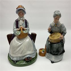 Five Royal Doulton figures, comprising The Balloon Man HN1954, Silks and Ribbons HN2017, Embroidering HN2855, Nanny HN2221 and Rest Awhile HN2728 