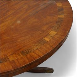 George III mahogany and rosewood banded breakfast or centre table, circular tilt-top with figured veneers and rosewood band, on turned column with four out-splayed supports, ornate cast brass castors 