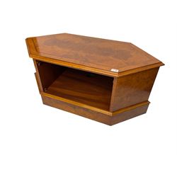 Walnut corner television stand, hexagonal top with recess, on plinth base