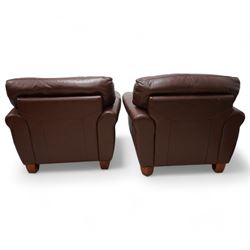 HTL - pair of traditional shape armchairs, upholstered in chocolate brown leather, on square tapering feet