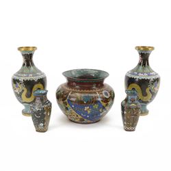 Pair of cloisonne bottle vases, decorated with imperial dragons chasing a pearl upon a bla...