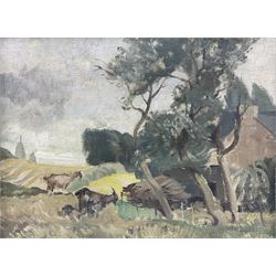 Adrian Chorley (British 1906-1983): 'Breton Landscape' Billy Goats Grazing, oil on board signed, artist's address label verso 29cm x 40cm